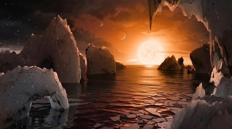 This image provided by NASA/JPL-Caltech shows an artist's conception of what the surface of the exoplanet TRAPPIST-1f may look like, based on available data about its diameter, mass and distances from the host star. The planets circle tightly around a dim dwarf star called Trappist-1, barely the size of Jupiter. Three are in the so-called habitable zone, where liquid water and, possibly life, might exist. The others are right on the doorstep. (NASA/JPL-Caltech via AP)