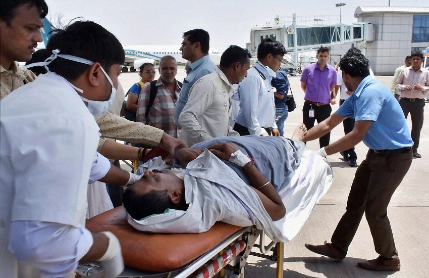 One of the Amarnath pilgrims, injured in the terror attack in Jammu and Kashmir, after being brought to the Surat airport in an IAF plane on Tuesday One of the Amarnath pilgrims, injured in the terror attack in Jammu and Kashmir, after being brought to the Surat airport in an IAF plane on Tuesday