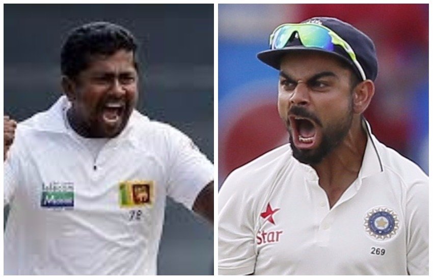 श्रीवंका के कप्तान रंगना हेराथ और भारतीय कप्तान विराट कोहली। 