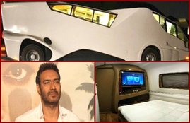 ajay devgn, ajay devgan vanity van, ajay devgan vanity van pics, ajay devgn vanity van price, ajay devgn vanity van luxury, design of ajay devgn vanity van, ajay devgn vanity van images, gym in vanity van