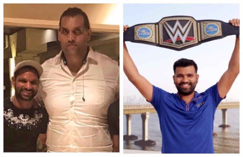 द ग्रेट खली और WWE बेल्ट के साथ रोहित शर्मा। 