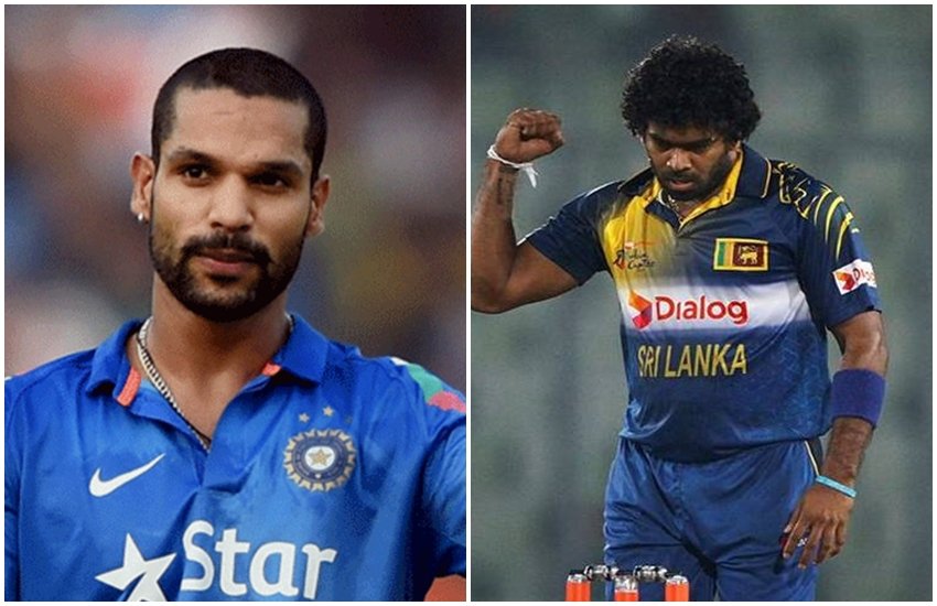 भारतीय बल्लेबाज शिखर धवन और श्रीलंका के तेज गेंदबाज लसिथ मलिंगा। 