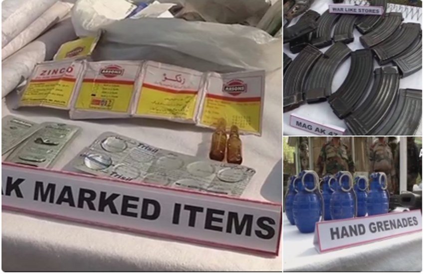 सुरक्षा बलों द्वारा बरामद जखीरे में एके 47, उसके मैगजीन, गोला-बारूद और हैंड ग्रेनेड शामिल हैं। (फोटो- ANI)
