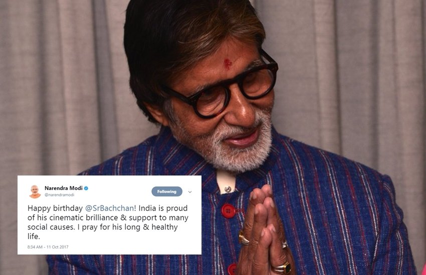 प्रधानमंत्री नरेंद्र मोदी द्वारा अमिताभ बच्चन को शुभकामनाएं देने के लिए किया गया ट्वीट।