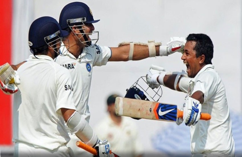 अॉस्ट्रेलिया को हराने के बाद जश्न मनाते वीवीएस लक्ष्मण, प्रज्ञान ओझा। 