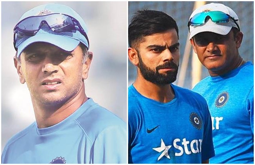 पूर्व कप्तान राहुल द्रविड़ (बाएं), विराट कोहली और अनिल कुंबले। 