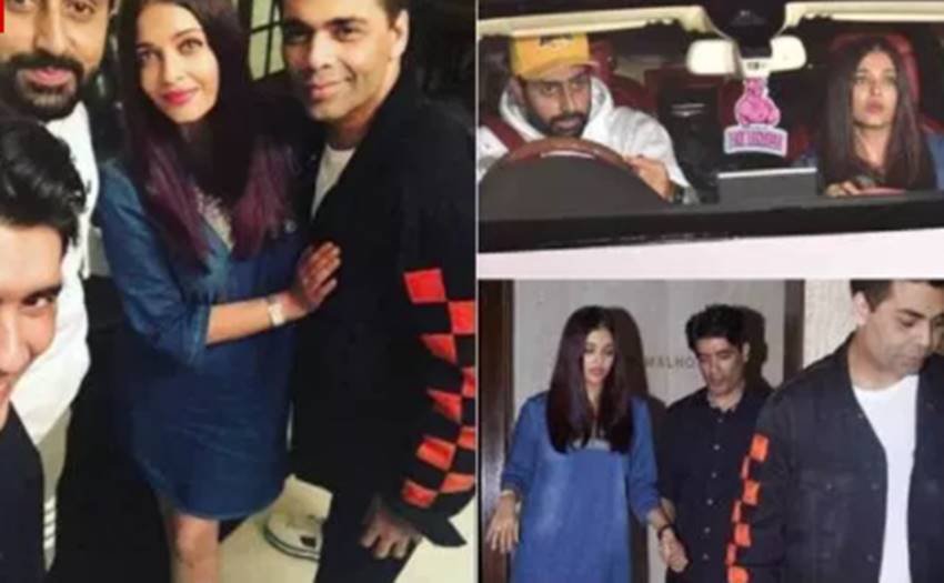 करण जौहर मनीष मल्होत्रा और पति अभिषेक बच्चन के साथ ऐश्वर्या राय बच्चन
