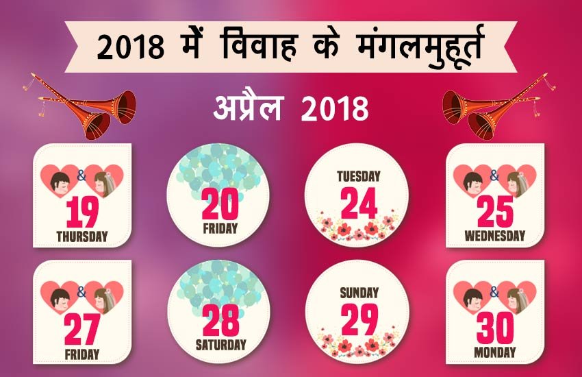 अप्रैल में शादी के शुभ मुहूर्त - 19, 20, 24, 25, 27, 28, 29 और 30 अप्रैल