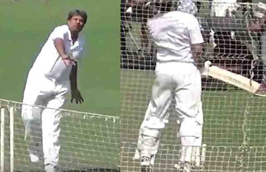 पूर्व कप्तान एमएस धोनी को गेंदबाजी कराते कपिल देव। (फोटो सोर्स वीडियो स्क्रीन शॉट) पूर्व कप्तान एमएस धोनी को गेंदबाजी कराते कपिल देव। (फोटो सोर्स वीडियो स्क्रीन शॉट)