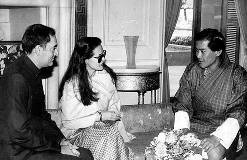 King of Bhutan His Majesty Jigme Singye Wangchuck with Sonia Gandhi and Rajiv Gandhi