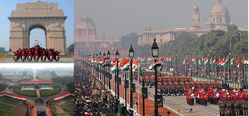 राजपथ पर परेड के लिए आते जवान पीछे राष्ट्रपति भवन दिखाई दे रहा है।