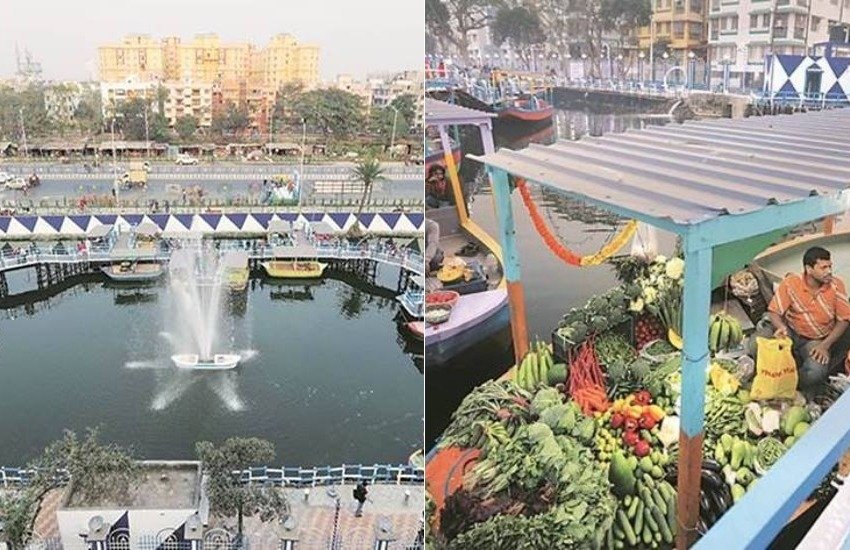 पश्चिम बंगाल के कोलकाता में बुधवार को थाईलैंड की राजधानी बैंकॉक सा नजारा दिखाई दिया। शहर में पहली बार पानी पर तैरती नावों पर बाजार सजा हुआ था। मुख्यमंत्री ममता बनर्जी ने नेता जी इंडोर स्टेडियम में एक रिमोट कंट्रोल के जरिए इसका अनावरण किया। बाजार का निर्माण कोलकाता मेट्रोपॉलिटन डेवलेपमेंट अथॉरिटी (केएमडीए) ने कराया है। बाजार और यहां पर लगाई गईं नाव को तैयार करने के लिए तकरीबन छह करोड़ रुपए खर्च किए गए हैं। आपको बता दें कि इस बाजार को एक खास मकसद से शुरू किया गया है। सरकार ने विकास कार्य के चलते करीब 200 दुकानदारों को पहले यहां से हटा दिया था, जिन्हें पुनःस्थापित करने के लिए यह बाजार बनाया गया है।