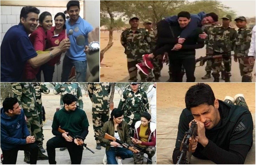 नीरज पांडे की आगामी फिल्म 'अय्यारी' की टीम इन दिनों जैसलमेर के बीएसएफ कैंप में जवानों के बीच ट्रेनिंग ले रही है। अय्यारी आर्मी पर केंद्रीत फिल्म हैं ऐसे में फिल्म से जुड़े स्टार्स को फिल्म के प्रमोशन के लिए बीएसएफ कैंप से ज्यादा बेहतर जगह कोई नहीं लगी। जैसलमेर पहुंचे सिद्धार्थ मल्होत्रा, मनोज वाजपेयी, पूजा चोपड़ा, राकुलप्रीत कौर ने सेना की ट्रेनिंग में हिस्सा लिया और जवानों के लिए खाना भी बनाया। ट्रेनिंग के कुछ वीडियो और पिक्चर्स खुद मनोज वायपेयी अपने ट्विटर अकाउंट से शेयर किए गए। फिल्म की पहले रिलीज डेट गणतंत्र दिवस यानी 26 जनवरी रखी गई थी लेकिन अक्षय कुमार की पैडमैन और पद्मावत को देखते हुए अब फिल्म को 9 फरवरी को रिलीज किया जाएगा। इस फिल्म में मनोज वाजपेयी और सिद्धार्थ दोनों आर्मी ऑफिसर के रोल में दिखेंगे। आगे देखिए अय्यारी की टीम बीएसएफ जवानों की बीच ट्रेनिंग की कुछ और तस्वीरें (सभी पिक्चर्स- सोशल मीडिया)