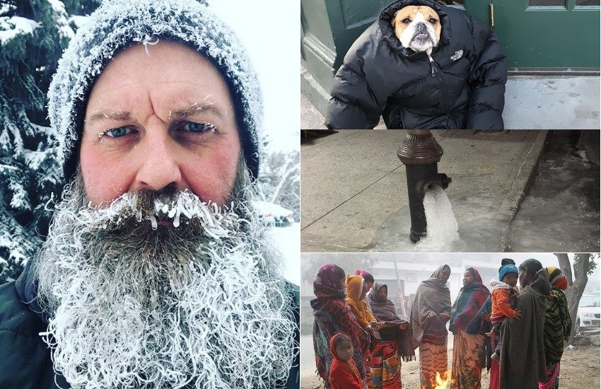 भारत समेत पूरी दुनिया में इस समय ठंड अपने चरम पर है। पूरी दुनिया में ठंड के चलते यातायात ठप होने, नदियां जमने, ठंड से लोगों के मरने की खबर मीडिया में सुर्खियां बना रही हैं। ऐसे में सोशल मीडिया पर भी ठंड को लेकर ऐसी-ऐसी तस्वीरें देखने को मिल रही हैं जिनसे ठंड से परेशान लोगों की हालत समझी जा सकती है। किसी की दाढ़ी पर ही बर्फ जम गई है। तो कोई जानवरों को ठंड से बचाने के लिए अपनी जैकेट देने पर मजबूर दिख रहा है। आगे की स्लाइड्स में देखिए ठंड ने दुनिया भर का कैसा कर रखा है हाल...