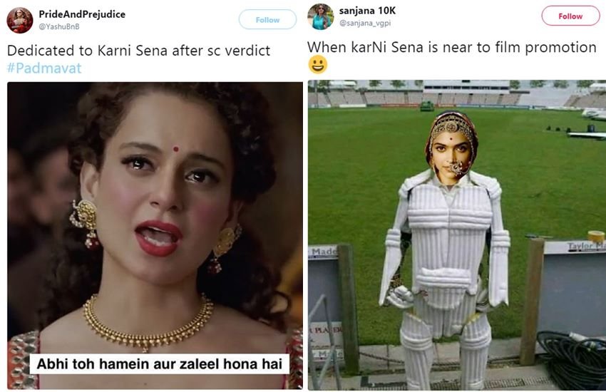 सुप्रीम कोर्ट द्वारा फिल्म 'पद्मावत' को हंरी झंडी दिए जाने पर राजस्थान और मध्य प्रदेश सरकार ने पुनर्विचार याचिका दायर की थी। मंगलवार को कोर्ट ने याचिका खारिज कर दी। कोर्ट ने फिल्म को देशभर में रिलीज करने के फैसले को बरकरार रखा है। राज्य सरकारों ने कोर्ट में कानून व्यवस्था बिगड़ने का हवाला दिया। कोर्ट ने इस दलील को दरकिनार करते हुए कहा कि कानून-व्यवस्था कायम करना राज्यों की जिम्मेदारी है। सुप्रीम कोर्ट ने कहा कि राज्यों को 'पद्मावत' की स्क्रीनिंग के फैसले को मानना चाहिए। कोर्ट के इस फैसले से सोशल मीडिया पर यह मुद्दा गर्मा गया है लेकिन कई फनी रिएक्शन्स भी देखने को मिल रहे हैं। ट्विटर पर करणी सेना की जमकर खिल्ली उड़ाई जा रही है। फनी Memes, स्पूफ फोटोज-वीडियोज और कमेंट्स की ट्विटर पर भरमार है। लोग एक बार फिर से जमकर इस मुद्दे पर मौज ले रहे हैं। कैसे? यह आप सोशल मीडिया पर वायरल इन तस्वीरों को देखकर समझ जाएंगे।