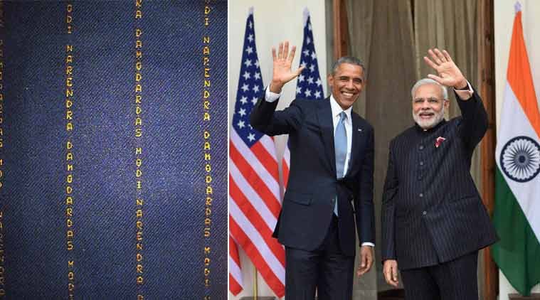 पूर्व अमेरिकी राष्ट्रपति बराक ओबामा के साथ प्रधानमंत्री मोदी इस सूट में नजर आए थे। इस सूट के कपड़ें पर नरेंद्र मोदी लिखा हुआ था। विपक्ष ने इसे 10 का सूट बताकर काफी विरोध किया था।