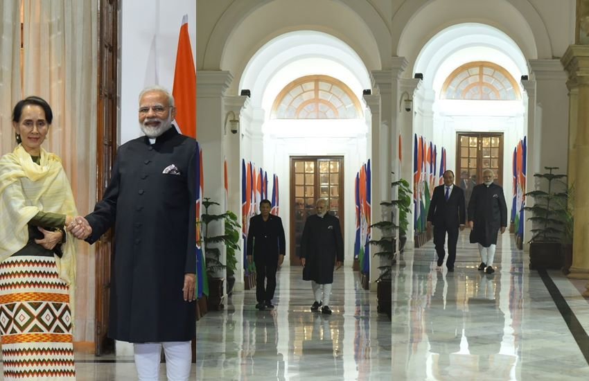 म्यांमा की नेता आंग सान सू ची और बीच में फिलीपीन के राष्ट्रपति रोड्रिगो दुर्तेते और वियतनाम के प्रधानमंत्री न्गुएन शुआन फुक का पीएम मोदी ने किया स्वागत 
