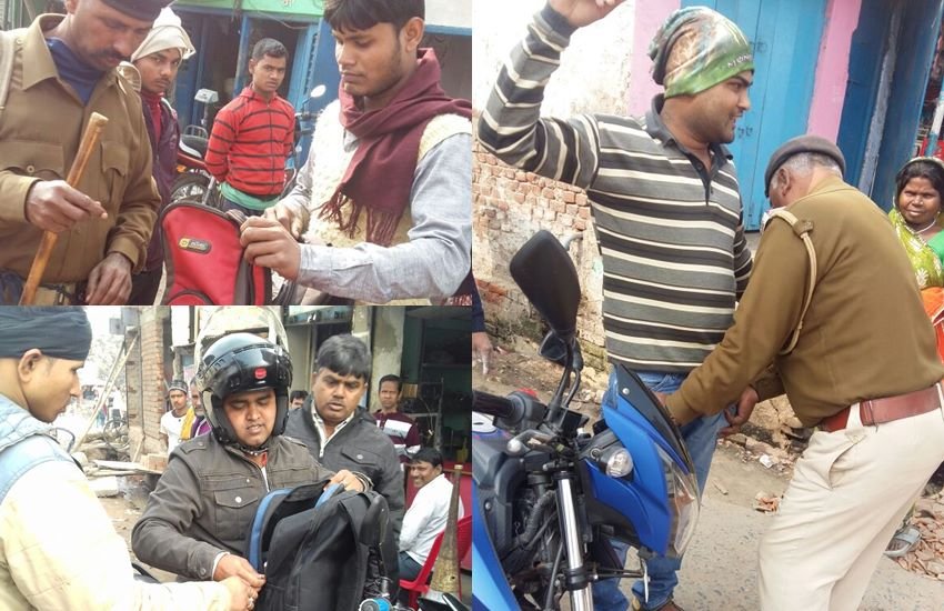 नागरिकों के बैग और पॉकिट को चेक करती बिहार पुलिस  नागरिकों के बैग और पॉकिट को चेक करती बिहार पुलिस
