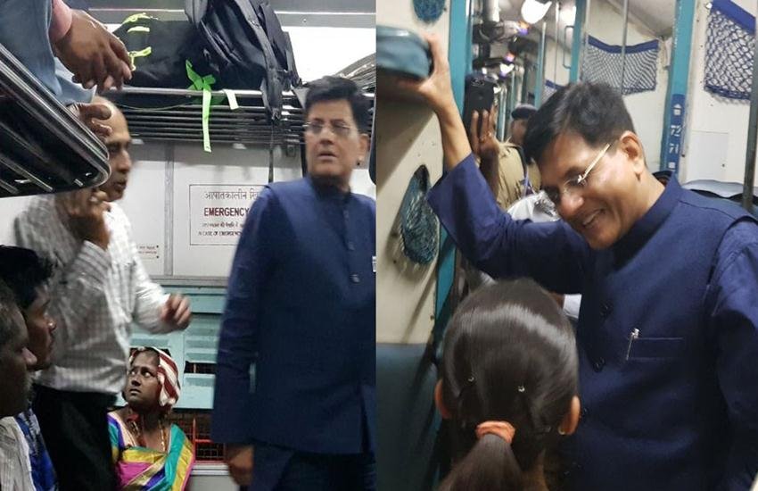 कावेरी एक्स्प्रेस में यात्रियों से बात करते पीयूष गोयल।