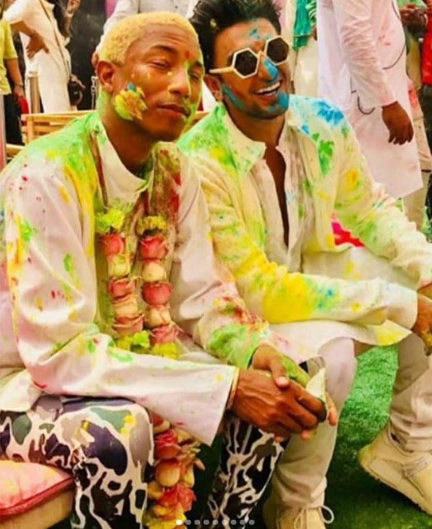Padmaavat star, Ranveer Singh, Pharrell Williams, American rapper Pharrell Williams, American rapper, American rapper celebrates his first Holi, American rapper in India, Pharrell Williams in India, Ranveer Singh celebrates holi, see colourful pictures of Ranveer Singh, entertainment news, bollywood news, televisionn news, American rapper, singer, songwriter, record producer, Pharrell Lanscilo Williams