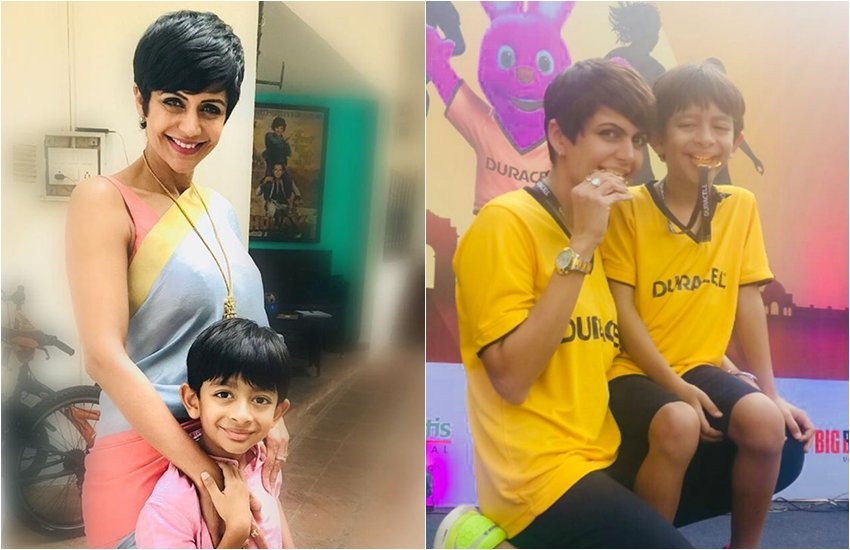 mandira bedi, mandira bedi reached in delhi marathon, mandira bedi with her son, see pictures of mandira bedi, mandira bedi with son doing fun in delhi marathon, entertainment news, bollywood news, television news