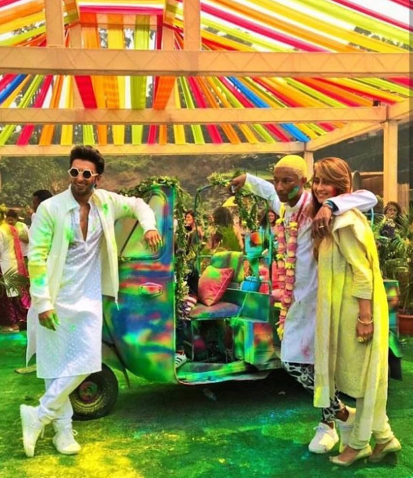 Padmaavat star, Ranveer Singh, Pharrell Williams, American rapper Pharrell Williams, American rapper, American rapper celebrates his first Holi, American rapper in India, Pharrell Williams in India, Ranveer Singh celebrates holi, see colourful pictures of Ranveer Singh, entertainment news, bollywood news, televisionn news, American rapper, singer, songwriter, record producer, Pharrell Lanscilo Williams