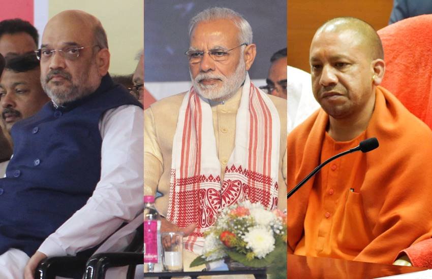 अमित शाह, पीएम मोदी और योगी आदित्य नाथ (एक्सप्रेस आर्काइव फोटो)