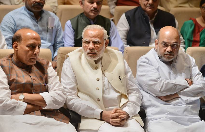 राजनाथ सिंह, पीएम मोदी और अमित शाह (PTI फोटो)