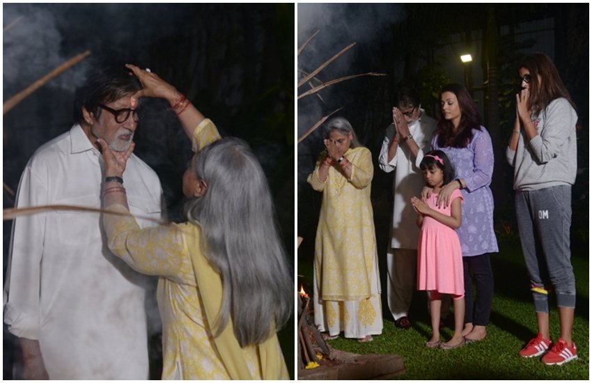 abhishek bachchan, aishwarya rai bachchan, amitabh bachchan, jaya bachchan, aaradhya bachchan, holi 2018, holi pooja, bachchan holi pooja, jansatta, entertainment photo