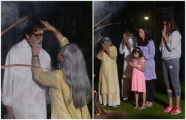 abhishek bachchan, aishwarya rai bachchan, amitabh bachchan, jaya bachchan, aaradhya bachchan, holi 2018, holi pooja, bachchan holi pooja, jansatta, entertainment photo
