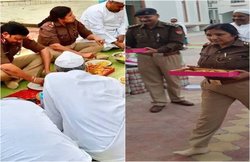 मुजफ्फरनगर: पुलिस अफसरों ने मदरसे में बांटा खाना, साथ बैठकर खाया