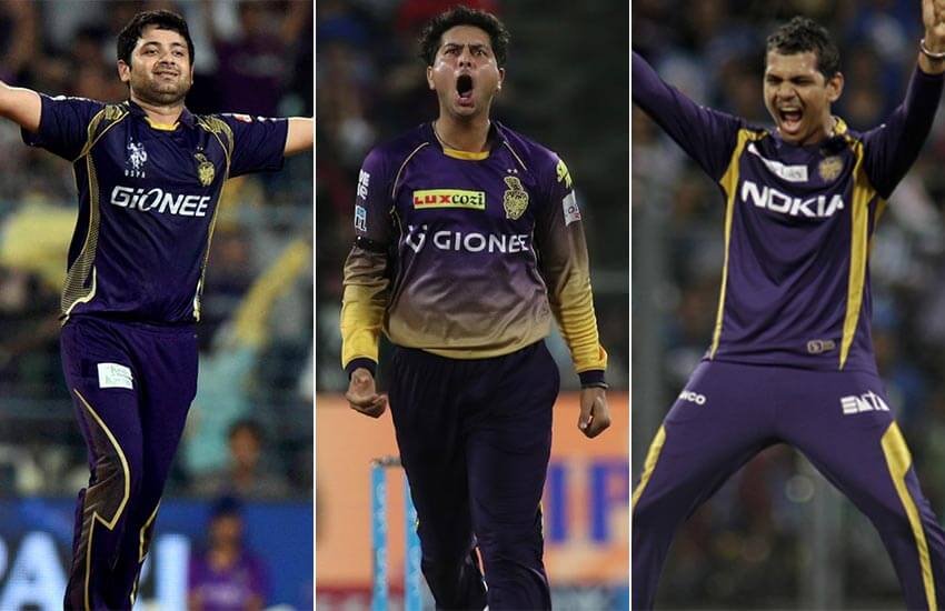 सुनील नरेन, कुलदीप यादव और पीयूष चावला। सुनील नरेन, कुलदीप यादव और पीयूष चावला।