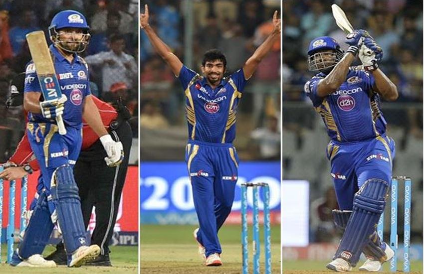 रोहित शर्मा, जसप्रीत बुमराह और किरोन पोलार्ड। (फोटो सोर्स- इंडियन एक्सप्रेस)