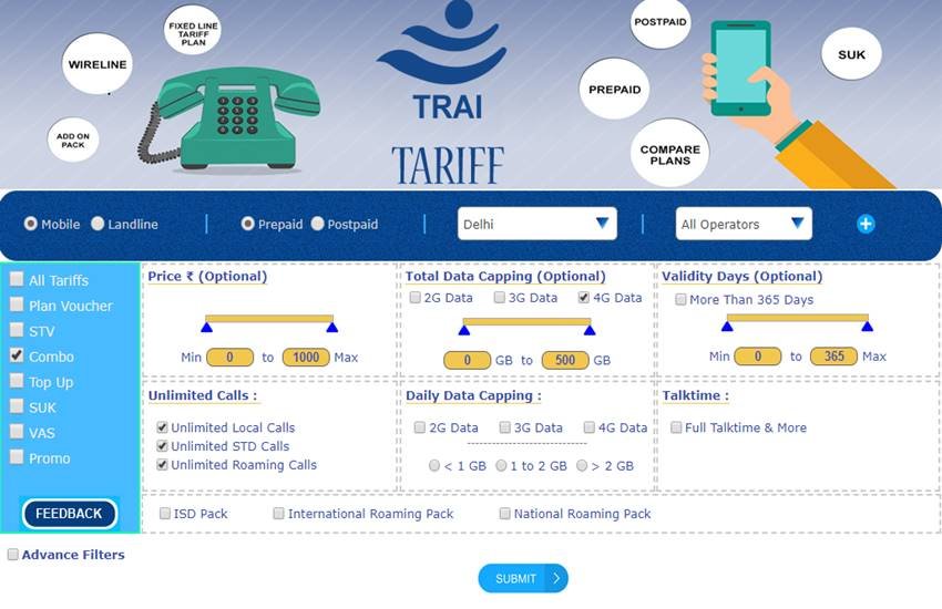 कई कंपनियों के प्लान की तुलना केवल ट्राई की वेबसाइट (http://tariff.trai.gov.in) पर जाकर कर सकते हैं।