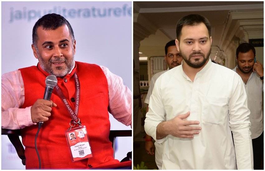 चेतन भगत और तेजस्वी यादव (एक्सप्रेस आर्काइव फोटो)