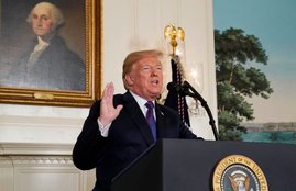 U.S. President Trump announces military strikes on Syria while delivering a statement from the White House in Washington