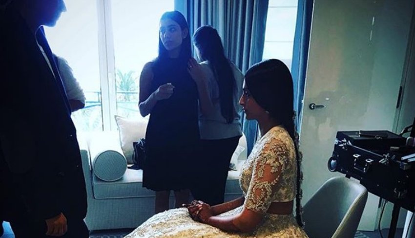 cannes 2018: sonam kapoor, sonam kapoor reaches at red carpet of cannes, sonam in cannes 2018, sonam looks bride with mehandi at cannes, sonam with mehandi on her hands, sonam wore cream eligent lehanga, see pictures of sonam kapoor in cannes film festival, sonam kapoor at cannes film festival, entertainment news, bollywood news, television news
