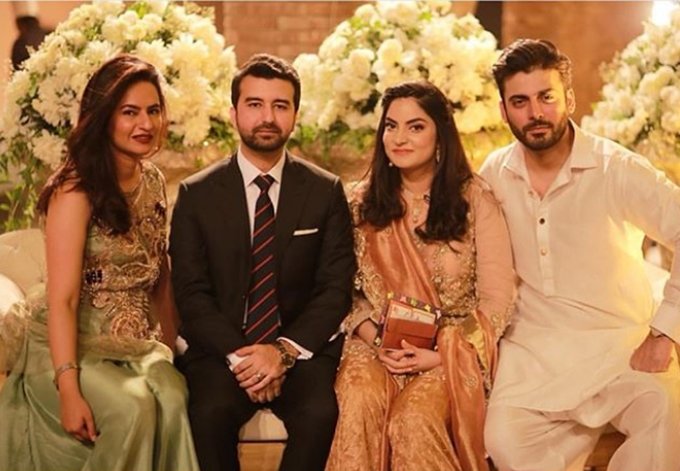 Pakistani actor, aye dil hai mushkil actor Fawad Khan, fawad khan and wife Sadaf Khan, fawad khan wife sadaf, fawad reached at his sister engagement, fawad sadaf lookinge perfect couple at party, entertainment news, bollywood news, television news, entertainment news, bollywood news, television news