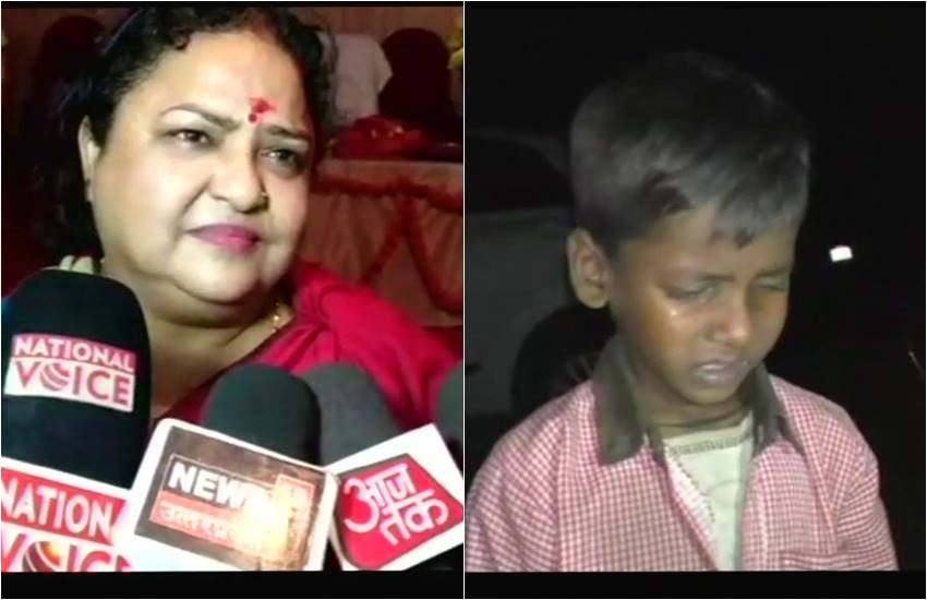 बेसिक शिक्षा राज्य मंत्री अनुपमा जायसवाल और भूख-प्यास से बिलखता छात्र(फोटो-एएनआई)