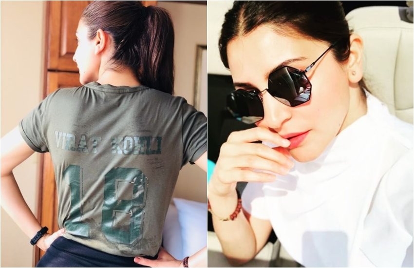 anushka sharma cheering virat kohli, anushka sharma wearing virat kohli t shirt picture, rcb, ipl, anushka sharma, virat kohli, zero, shah rukh khan , jansatta
