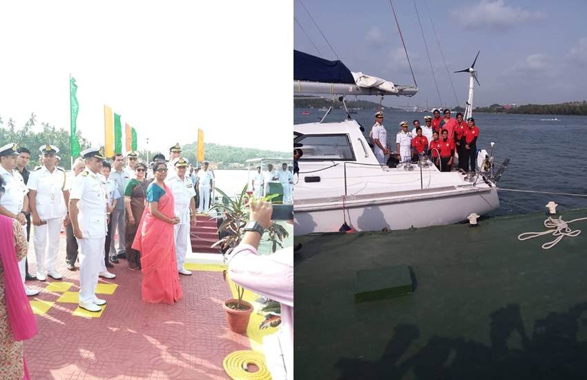 रक्षा मंत्री निर्मला सीतारमण और नौसेना प्रमुख सुनील लांबा ने आज गोवा तट पर पूरे विश्व का चक्कर लगाकर पहुंची नौसेना की जाबांज महिलाओं का स्वागत किया
