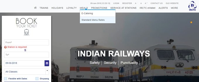 आप चाहें तो खाना बुक करने से पहले ई-कैटरिंग का मैन्यू भी पढ़ सकते हैं। यहां मैन्यू भी डाला गया है। (फोटो सोर्स- IRCTC की वेबसाइट का स्क्रीनशॉट)