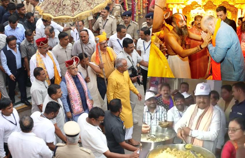 अहमदाबाद में सीएम-डिप्‍टी सीएम ने 'पाहिंद विधि' पूरी की। बीजेपी अध्‍यक्ष अमित शाह ने मंदिर में 'मंगल आरती' की। केंद्रीय मंत्री धर्मेंद्र प्रधान प्रसाद बांटते नजर आए। (Photo: Twitter/CMoGuj/Amit Shah/ANI)