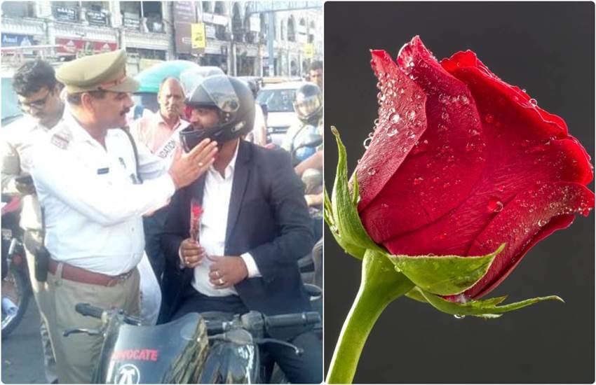 लखनऊ पुलिस के यातायात उप निरीक्षक प्रेम शाही बाइक चालकों को तोहफे में गुलाब देते हुए। फोटो- फेसबुक।