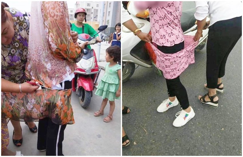 मुस्लिम महिलाओं के कपड़े काटे जा रहे हैं। (फोटो सोर्स- ट्विटर/@doamuslims) मुस्लिम महिलाओं के कपड़े काटे जा रहे हैं। (फोटो सोर्स- ट्विटर/@doamuslims)