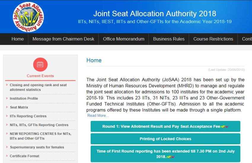 JoSAA Second Round Seat Allotment Result 2018: जारी हुए राउंड 2 सीट एलॉटमेंट रिजल्ट्स, josaa.nic.in पर देखें