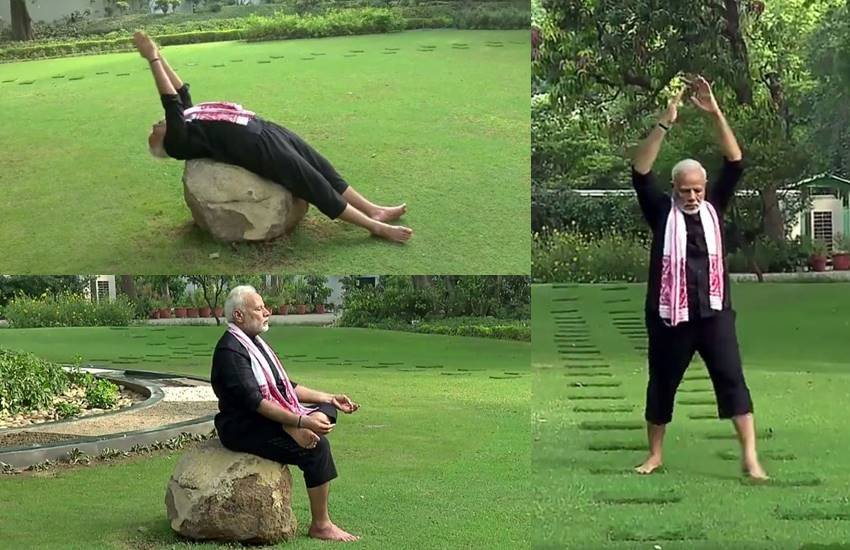 पीएम नरेंद्र मोदी के योग वाले वायरल वीडियो से लिए स्क्रीनशॉट्स।