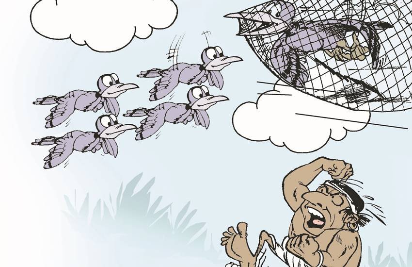 बहेलियों की नजर धोलू पर पड़ गई। उन्होंने अपनी तरकीब से उसे जाल में फंसा लिया। अब धोलू गूंटर गूं करके शोर मचाने लगा। बहेलियों की नजर धोलू पर पड़ गई। उन्होंने अपनी तरकीब से उसे जाल में फंसा लिया। अब धोलू गूंटर गूं करके शोर मचाने लगा।