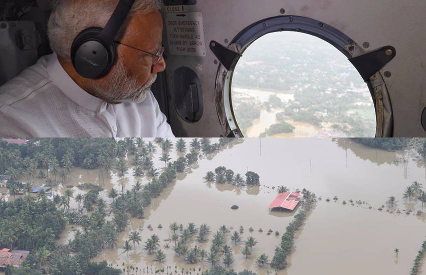 बाढ़ प्रभावित केरल का जायजा लेते हुए पीएम नरेंद्र मोदी। (Image Source: Twitter/@narendramod)