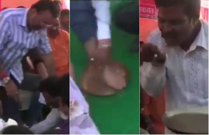 झारखंड में एक कार्यक्रम के दौरान इस तरह बीजेपी कार्यकर्ता ने सांसद के पैर धुलकर गंदा पानी पिया था। (फोटोः ANI)